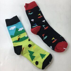Mens Crew Socks Set 2 Golf Course Flag Ball Print Green Black Red Blue White